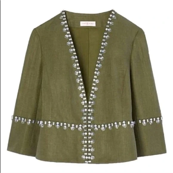 NWT Tory Burch embellished cropped jacket olive